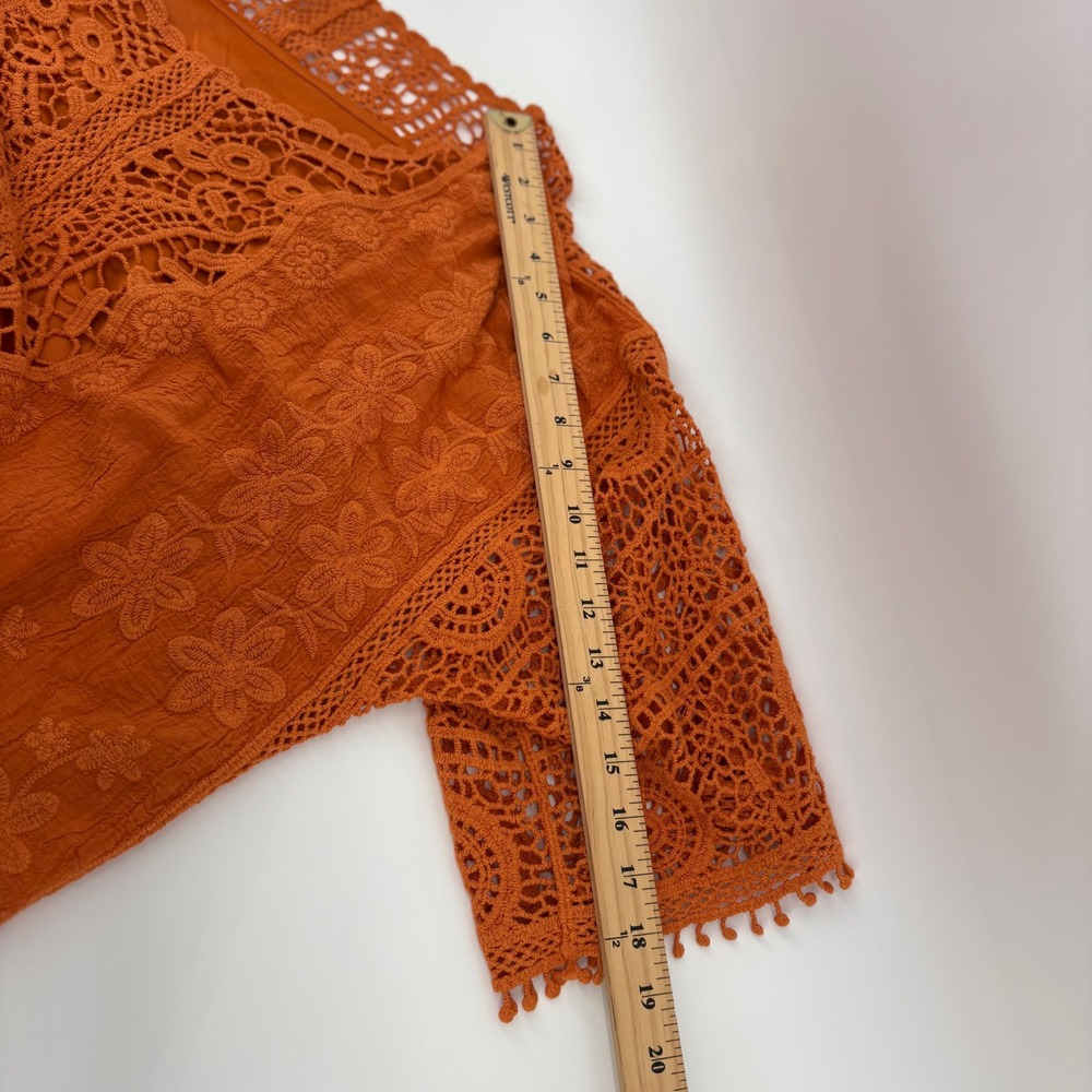 One World Rust Orange Crochet Lace Floral Top M Boho Boxy Crop Oversized Qauzy - Picture 5 of 7